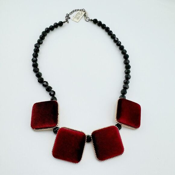 Vintage Japanese Velvet Square Faceted Beaded Necklace Geometric Fuzzy Delicate - Picture 5 of 13